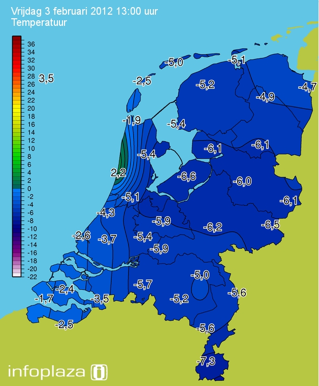 Temperaturen om 13.00 uur: ijskoud in Nederland op westkust na Temperaturen om 13.00 uur: ijskoud in Nederland op westkust na