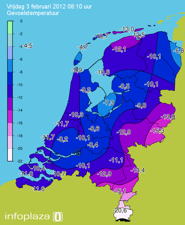 De gevoelstemperatuur om 08.10 uur. Extreem laag. De gevoelstemperatuur om 08.10 uur. Extreem laag.