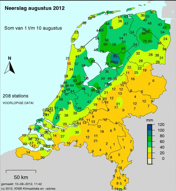 Totale hoeveelheid regen van 1 tot 10 augustus (bron KNMI) Totale hoeveelheid regen van 1 tot 10 augustus (bron KNMI)