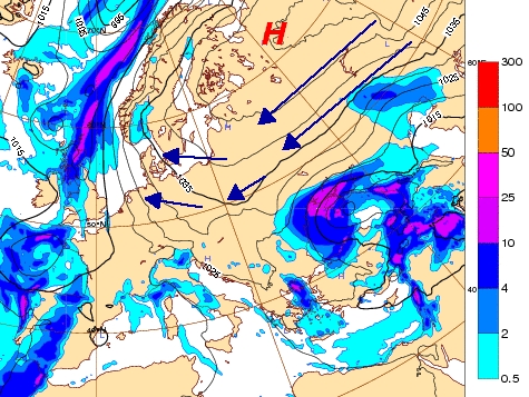 Een krachtig hogedrukgebied boven Noord-Rusland stuwt in dit scenario koude lucht naar Europa. Een krachtig hogedrukgebied boven Noord-Rusland stuwt in dit scenario koude lucht naar Europa.
