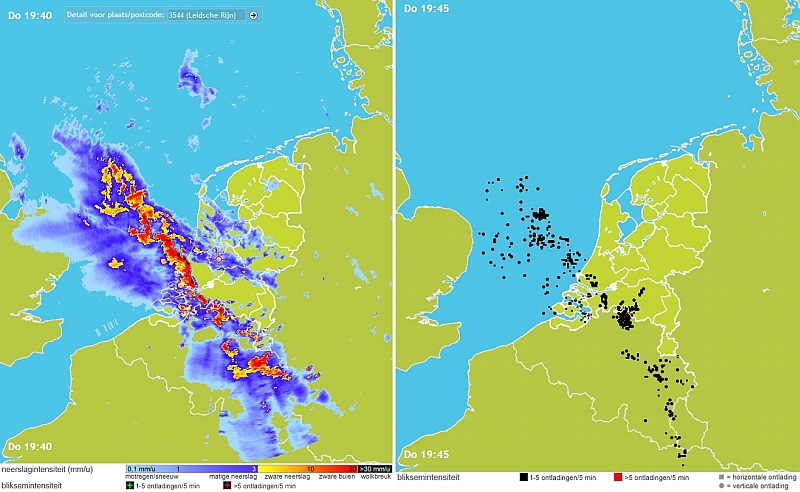Links de neerslag, rechts de locaties met bliksem Links de neerslag, rechts de locaties met bliksem