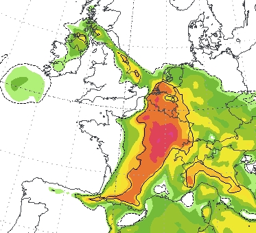 Dit modelveld laat de Spaanse Pluim in al haar glorie zijn. Het oranje-rode gebied zit vol met energie. Duidelijk is ook zichtbaar dat Noord-Nederland de pluim misloopt. Dit modelveld laat de Spaanse Pluim in al haar glorie zijn. Het oranje-rode gebied zit vol met energie. Duidelijk is ook zichtbaar dat Noord-Nederland de pluim misloopt.
