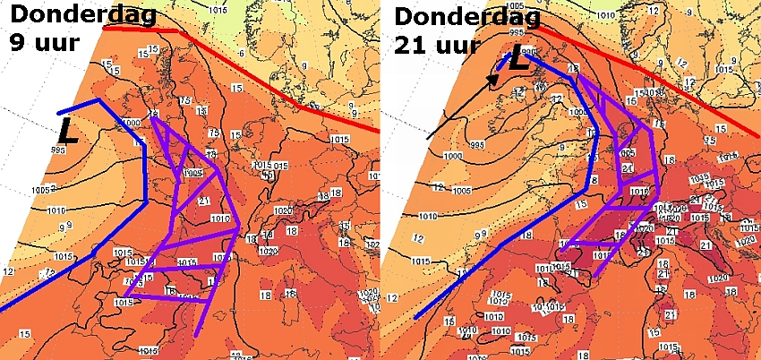 Op het linkerplaatje zien we het lagedrukgebied (L), het koufront (blauwe lijn) en het warmtefront (rode lijn). Het paarse gebied is de Spaanse pluim. Op het rechterplaatje heeft de pluim Nederland bijna bereikt, snel gevolgd door het koufront. Op het linkerplaatje zien we het lagedrukgebied (L), het koufront (blauwe lijn) en het warmtefront (rode lijn). Het paarse gebied is de Spaanse pluim. Op het rechterplaatje heeft de pluim Nederland bijna bereikt, snel gevolgd door het koufront.