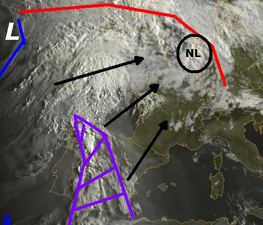 Op de satellietfoto van vanochtend zien we de Spaanse Pluim al boven Spanje liggen (paarse gebied). Deze zone trekt richting Nederland, evenals het koufront op de oceaan (blauwe lijn). Op de satellietfoto van vanochtend zien we de Spaanse Pluim al boven Spanje liggen (paarse gebied). Deze zone trekt richting Nederland, evenals het koufront op de oceaan (blauwe lijn).