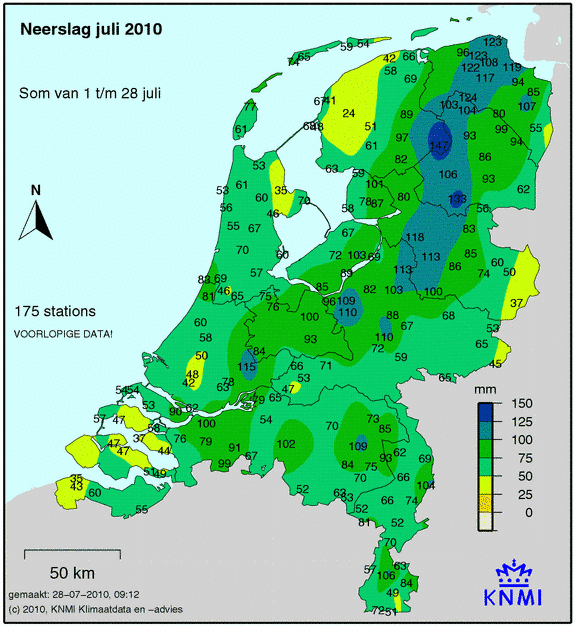Hoeveelheid neerslag op de KNMI Meetpunten in juli. Hoeveelheid neerslag op de KNMI Meetpunten in juli.