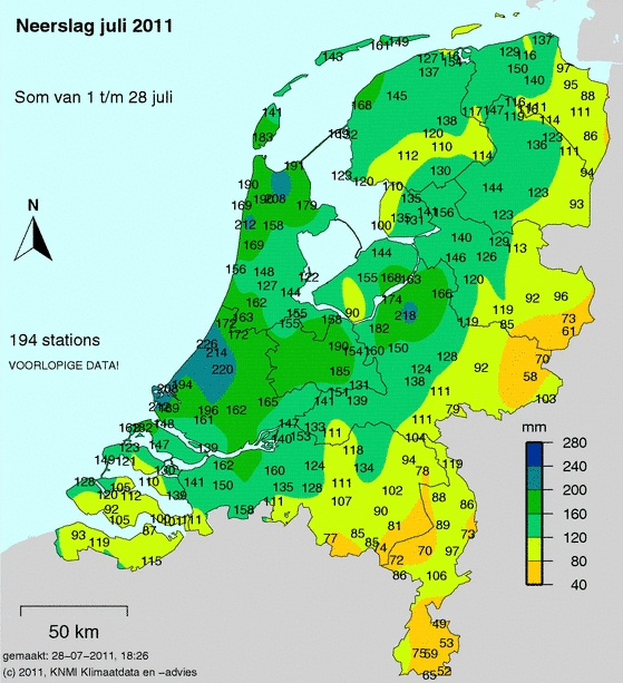 Regenhoeveelheden tot en met gisteren. (bron KNMI) Regenhoeveelheden tot en met gisteren. (bron KNMI)